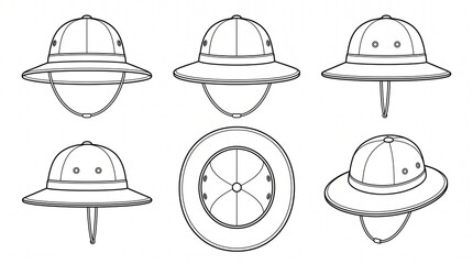 Fototapeta premium Pith Helmet Safari Hat Technical Vector Illustration Set, Explorer Sun Hat Outline Line Art in Multiple Views