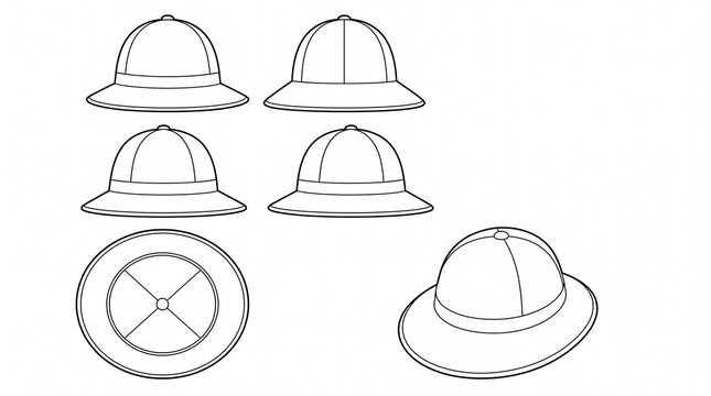 Pith Helmet Technical Drawing Template - Multi-Angle Safari Hat Flat Sketch Vector Illustration for Fashion Design