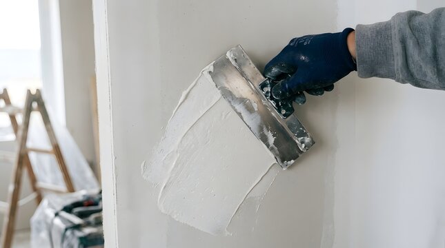 Professional worker applying plaster to a wall as part of a home improvement renovation project in a house