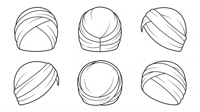 Set of Turban Vector Line Art Illustrations - Traditional Punjabi Sikh Headwear Icons