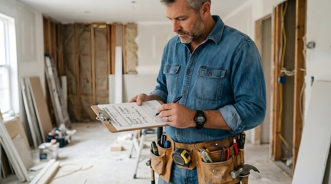 Professional contractor reviewing blueprints for a residential home improvement project inside a house under construction