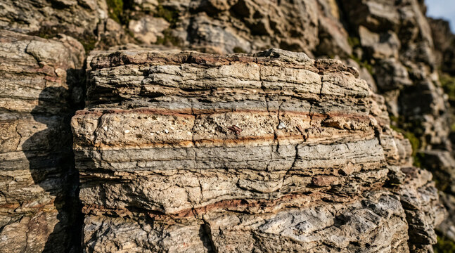 Layered sedimentary rock with grey and brown mineral bands.