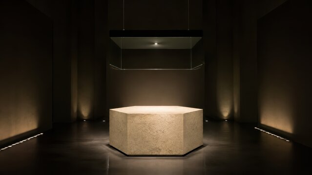 Minimalist hexagonal stone pedestal in dark gallery space with dramatic spotlighting and modern hanging glass display case