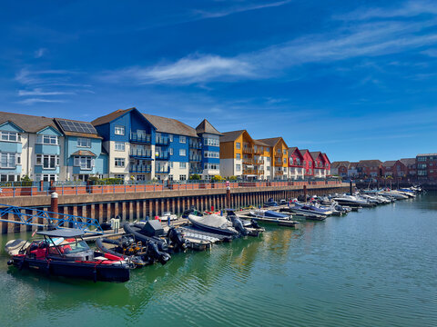 Colourful Waterfront Apartments and Boats Moored at Exmouth Marina in Devon, UK