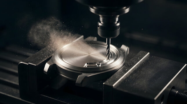 Industrial CNC milling machine processing luxury metal watch case with precision drill bit and metal dust