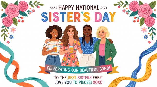 Happy National Sister's Day greeting card, diverse group of sisters celebrating female friendship, floral banner with pink roses