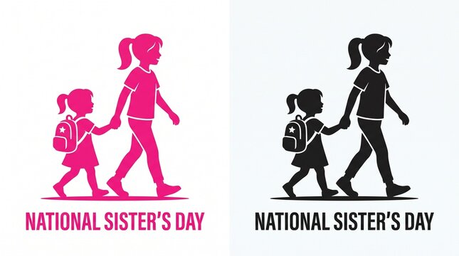 National Sister's Day silhouette illustration, two sisters holding hands walking, pink and black sibling graphic for family holiday