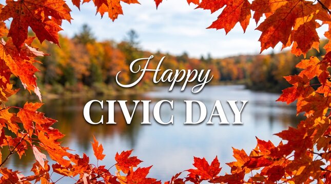 Happy Civic Day greeting card, autumn maple leaf frame over scenic river, fall foliage landscape with holiday text