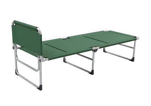 Green folding camping cot for outdoor travel and sleeping in a portable bed design isolated on transparent background