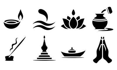 Buddhist Spirituality and Meditation Symbol Silhouette Icon Set