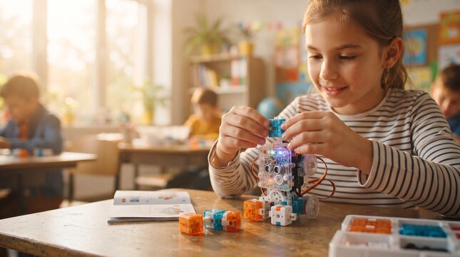 Young girl building robotic toy in classroom, STEM education and robotics workshop, bright sunny school interior, creative learning with colorful plastic blocks 4K