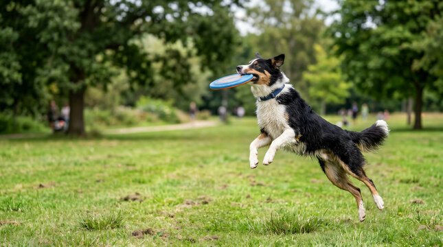 Bordercollie Leaping to Catch a Flying Disc in Sunny Park