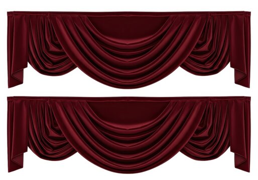 Elegant Dark Red Velvet Theater Curtains with Swags Isolated on White Background - Set of Two Luxury Valances