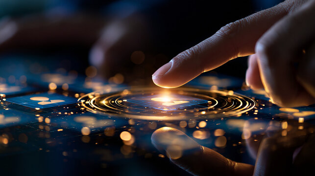 Human icon glowing on a floating interface panel as a fingertip presses it among surrounding user tiles face outside the frame bright clean backdrop crisp luminous rings airy