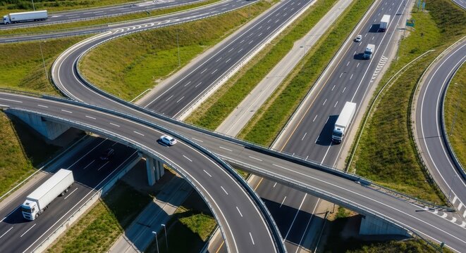 Aerial view of a complex highway interchange with trucks and cars driving on multiple levels of modern road infrastructure.