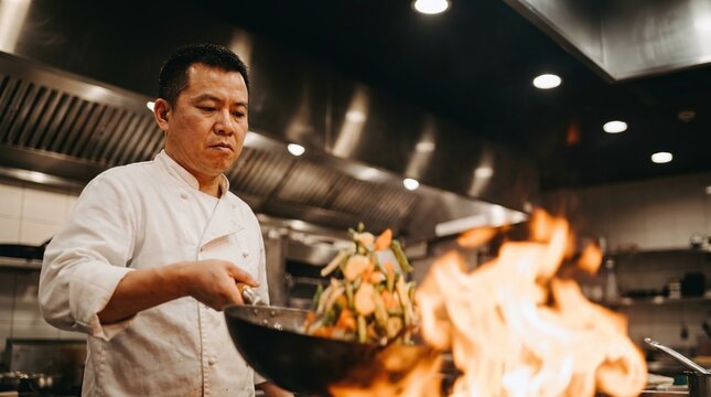 Chef tossing vegetables in a flaming wok in a professional kitchen