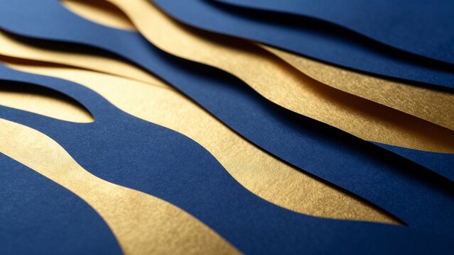 Abstract background of layered paper cut waves in deep blue and metallic gold colors
