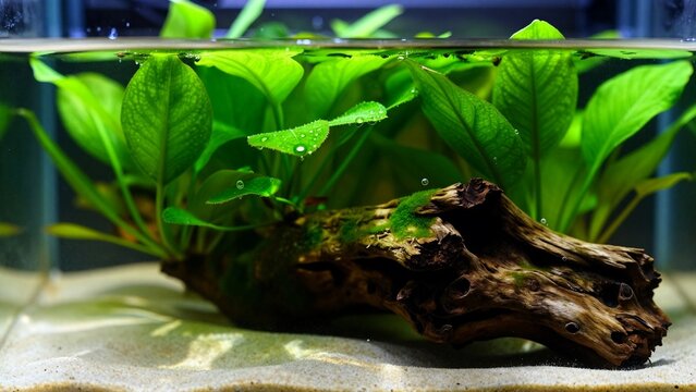 Lush Green Aquatic Plants Growing Around a Natural Driftwood Log in a Professional Paludarium Setup