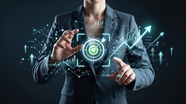 Businesswoman interacting with futuristic hologram growth charts and target icon, strategic planning and financial success, digital data visualization overlay for corporate