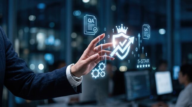Quality assurance QA management dashboard with checkmark shield crown rating stars gears icons, performance evaluation excellence standard compliance audit verification process.