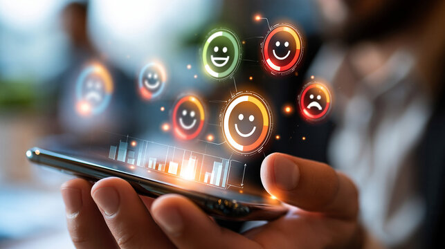 Emotion analytics interface floating above a smartphone held in a hand showing sentiment gauges and reaction charts face outside the frame bright clean office crisp graphic