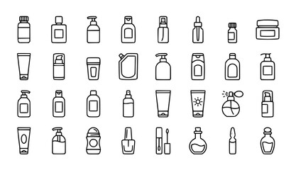 Fototapeta premium Set of cosmetic packaging icons hand drawn doodle style for beauty and skincare products collection
