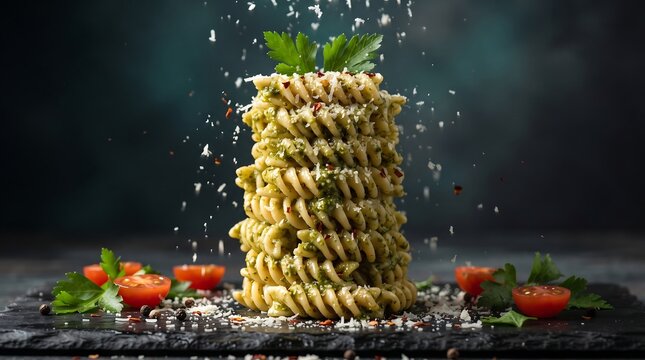 Fusilli pasta tower with pesto sauce and grated cheese.