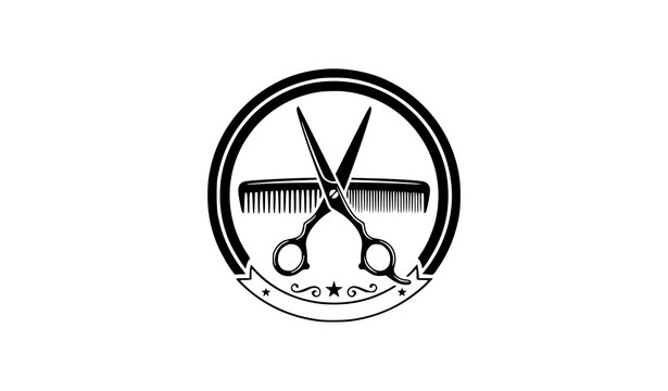 Vintage barber shop logo design featuring professional scissors and a hair comb inside an oval frame
