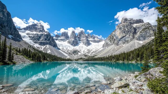 Turquoise alpine lake reflecting snow-capped mountain peaks and pine forest under a blue sky.