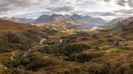 Fototapeta premium Panoramic view of a vast Scottish mountain valley