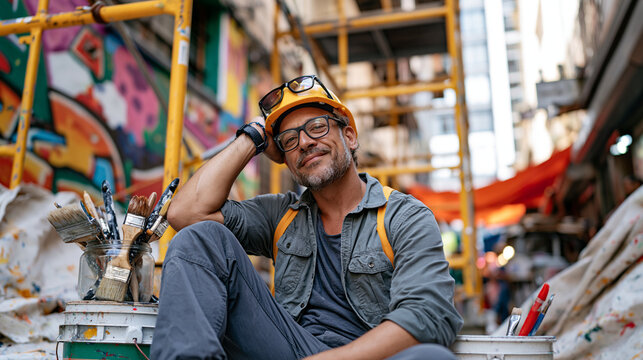 A painting and decorating contractor sits exhausted on an overturned paint bucket in a colorful urban market alleyway, brushes soaking in a jar beside him, scaffolding half-dismantled above, the aft