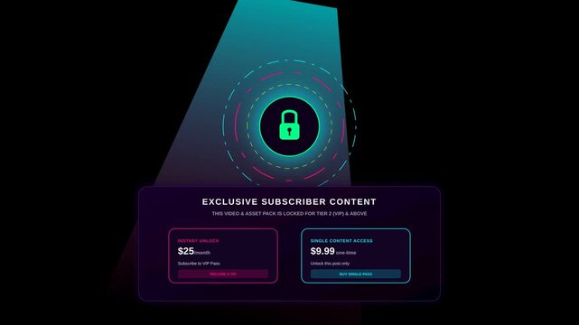 Exclusive Subscriber Content Access Paywall Overlay with Neon Cyberpunk Lock Icon and User Interface