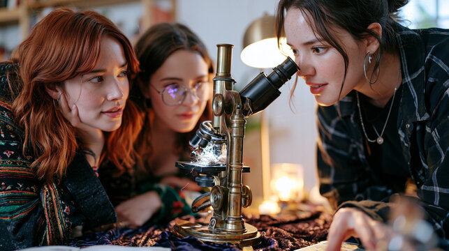 A redhead fortune teller and her client lean close over an antique brass microscope on a velvet draped table in warm lamplight, both peering at tarot card fibers magnified beneath the restored Victo