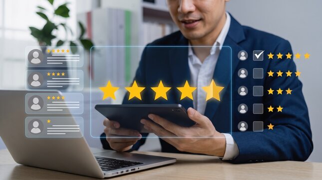 Businessman holding tablet with five star rating graphic, illustrating customer satisfaction, positive feedback, service quality, user experience, and online reputation