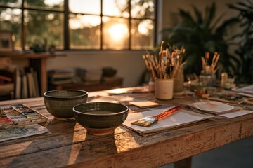 Fototapeta premium Artistic tools and watercolor supplies filling a rustic wooden table with warm sunlight