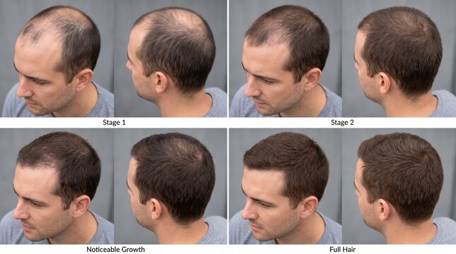 A man's hair regrowth journey shown in four stages, from significant hair loss to full hair, illustrating the effectiveness of a treatment.