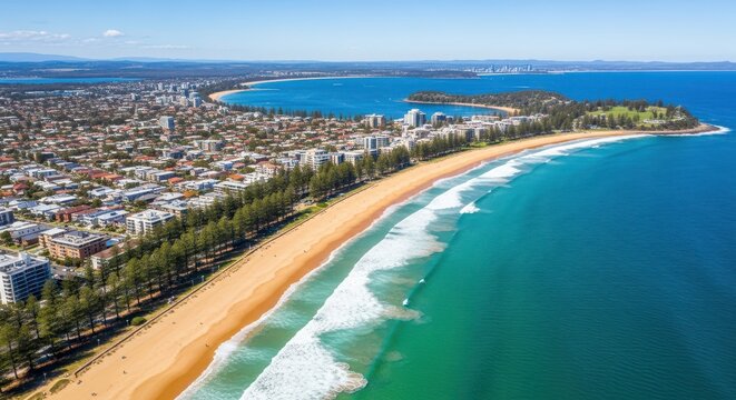 Stunning Aerial Drone Shot of Manly Beach with Turquoise Water and Urban Coastline in Sydney