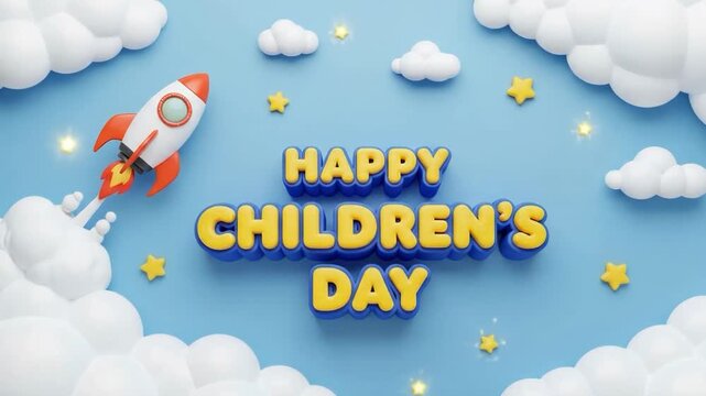 Happy childrens day 3d render with rocket and clouds