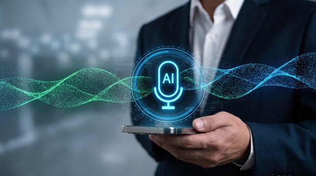 Artificial intelligence voice assistant technology concept, man holding smartphone with AI microphone hologram and sound wave visualization for smart communication.