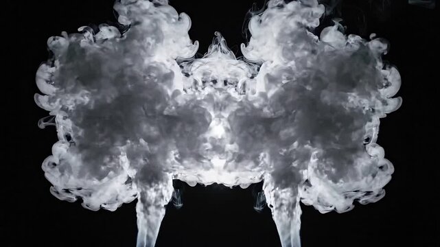 White smoke plumes expanding against black background. Abstract cloud formation evolving in sequence. Fluid motion and air flow dynamics for design element texture.
