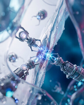 Tiny medical nanobots perform precise microscopic repair on human cell structure using glowing light energy in a futuristic clinical laboratory environment suitable for scientific industry displays.