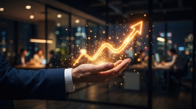Hand holding glowing upward arrow with sparkles, symbolizing business growth, success, and financial progress in modern office environment at night