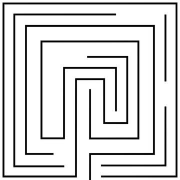 Square maze labyrinth illustration with complex black paths on white background for puzzle design
