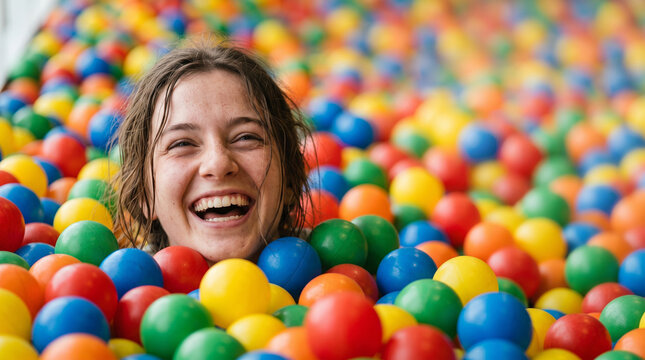 Candid portrait of a joyful woman laughing heartily while submerged in a sea of vibrant colorful plastic balls.