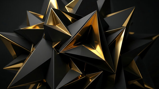 Abstract 3D Geometric Structure with Matte Black and Metallic Gold Triangular Prisms for Luxury Background Design