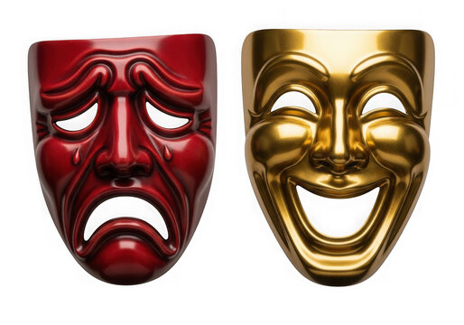 Red sad and gold happy theater masks representing drama and comedy acting symbols isolated on transparent background