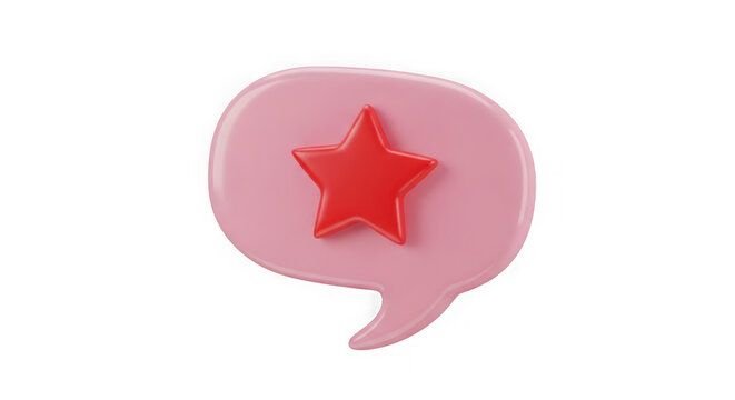Pink speech bubble icon with a shiny red star symbol for feedback and rating isolated on transparent background