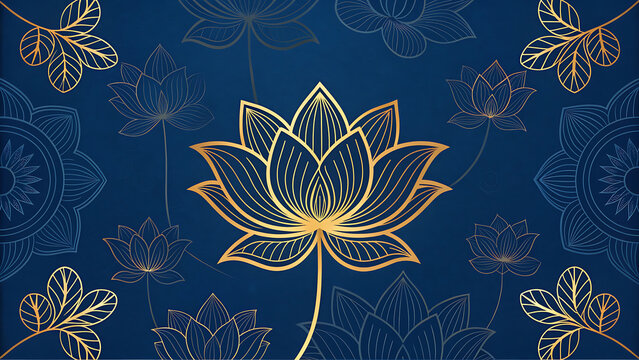 Elegant gold lotus line art pattern on deep blue background