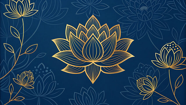 Golden lotus flower pattern on dark blue background with oriental
