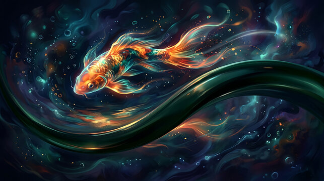 Ethereal Glowing Koi Fish Swimming Through Cosmic Dark Water with Bioluminescent Ripples and Abstract Liquid Motion Art